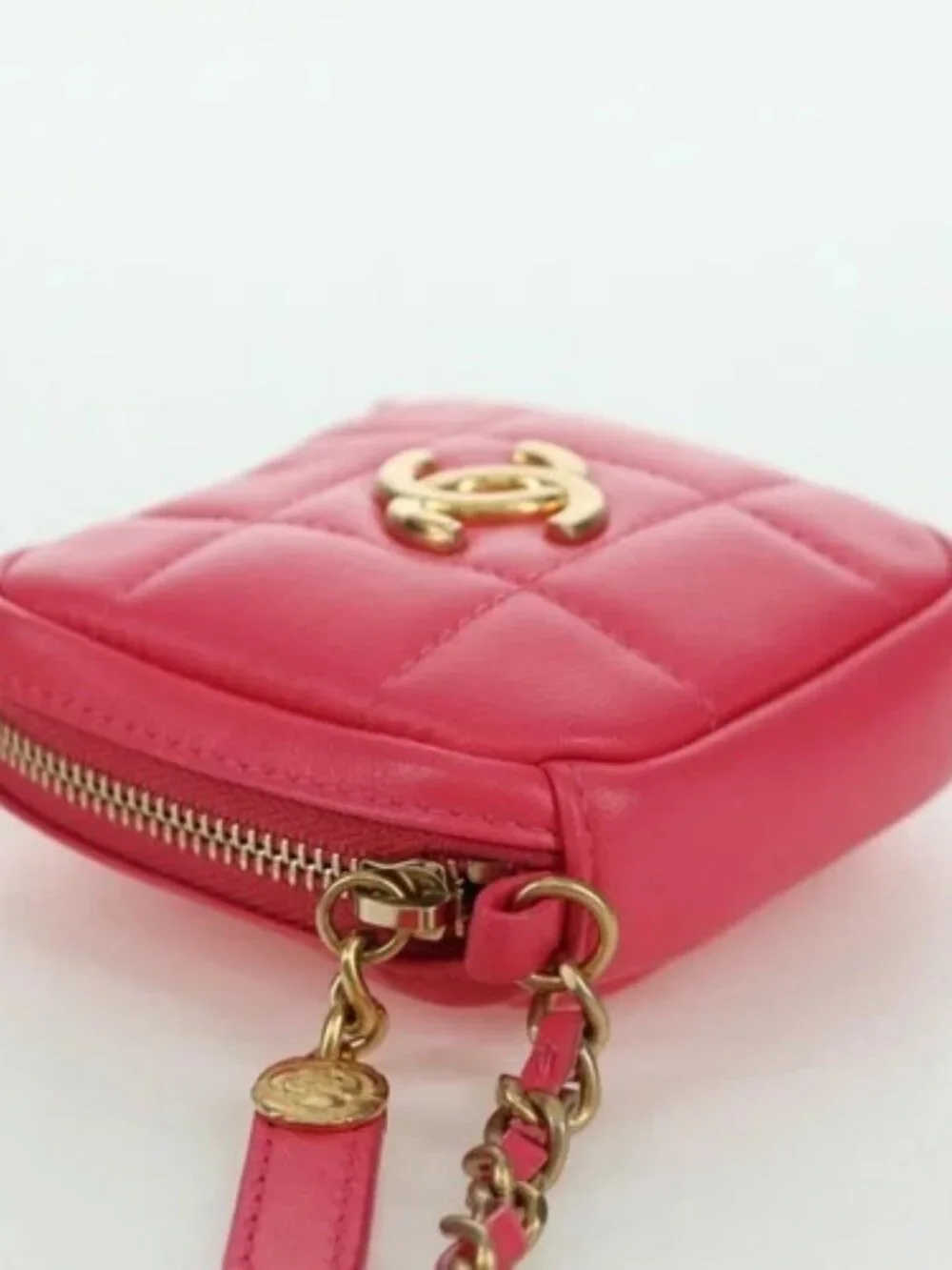CHANEL Choco Bar Chain Shoulder Pouch Lamb Skin Pink Gold CC Auth LNZ440SAM